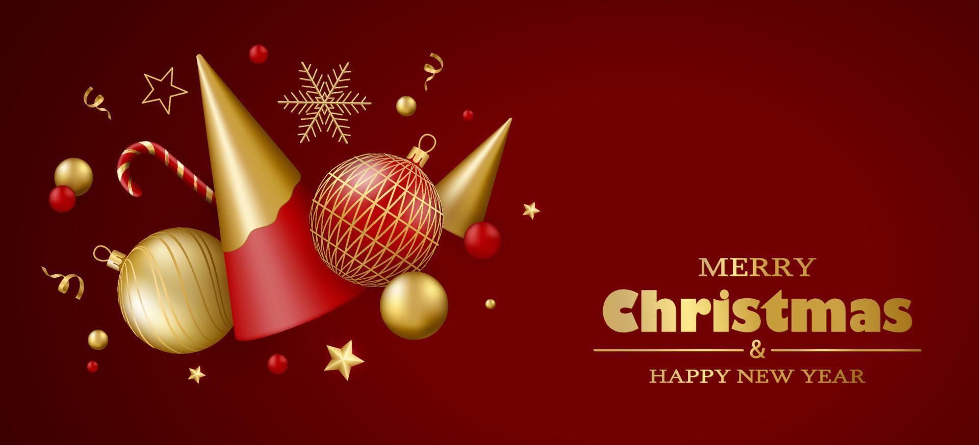 Merry Christmas and Happy New Year background. Red and gold 3D Christmas tree, balls and decor. vector