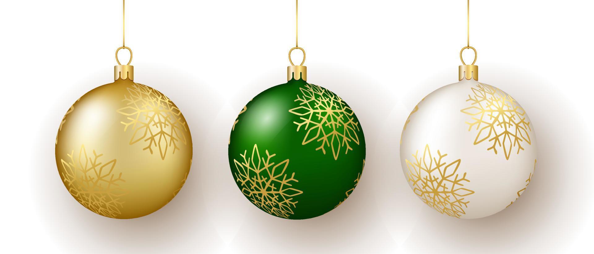 Christmas and New Year decor. Set of gold, white and green snowflake ornament balls on ribbon. vector