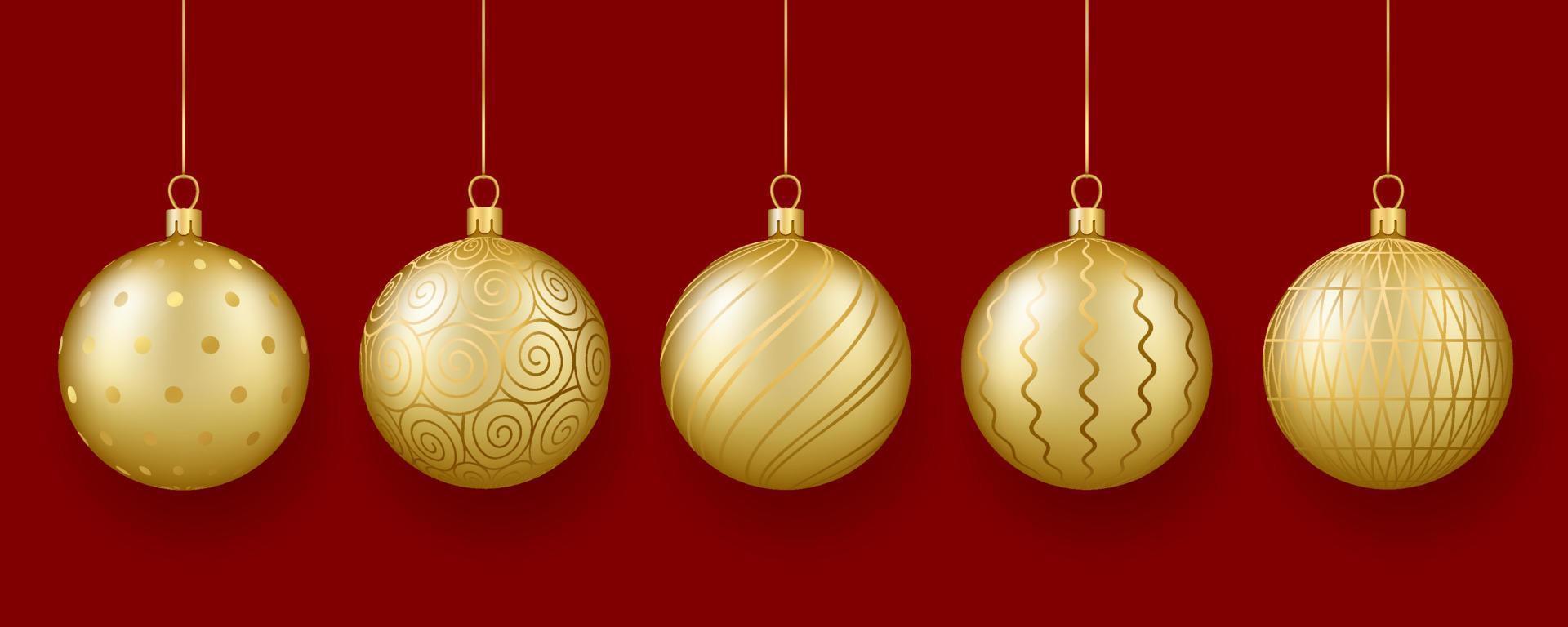 Christmas and New Year decor. Set of gold glass balls with ornament. vector