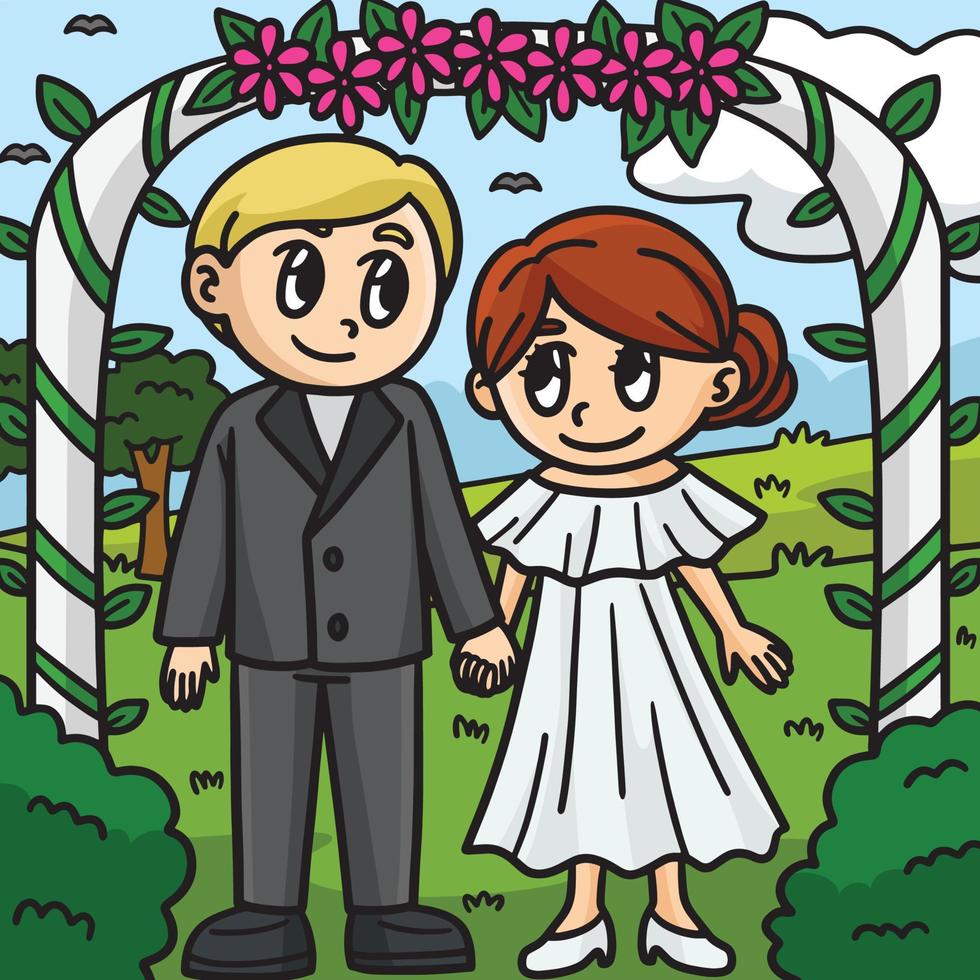 Boda novio y novia de colores dibujos animados vector