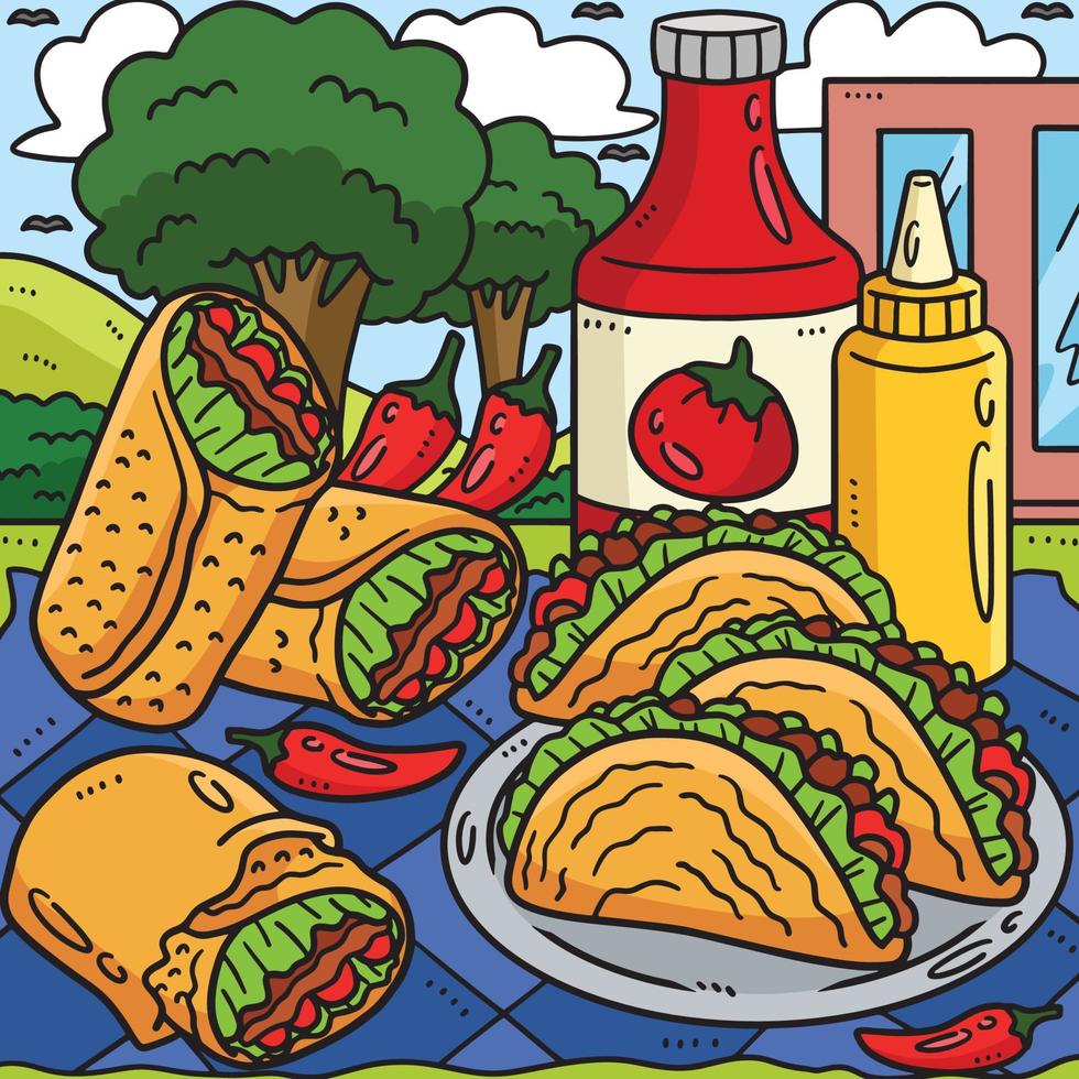 Cinco de Mayo Tacos and Burrito Colored Cartoon vector