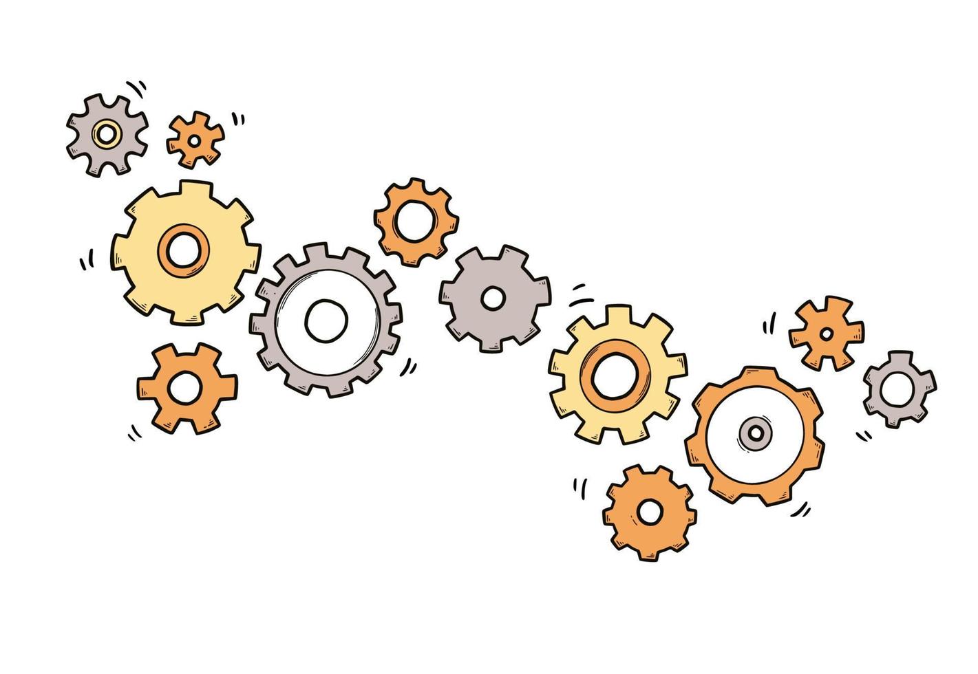 Hand drawn gear set. Doodle sketch style vector
