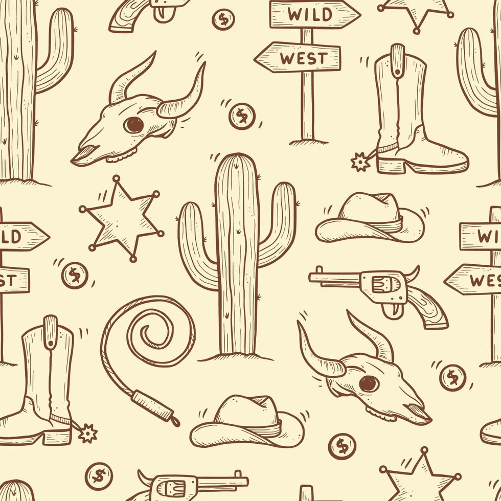 Cowboy western doodle seamless pattern vector