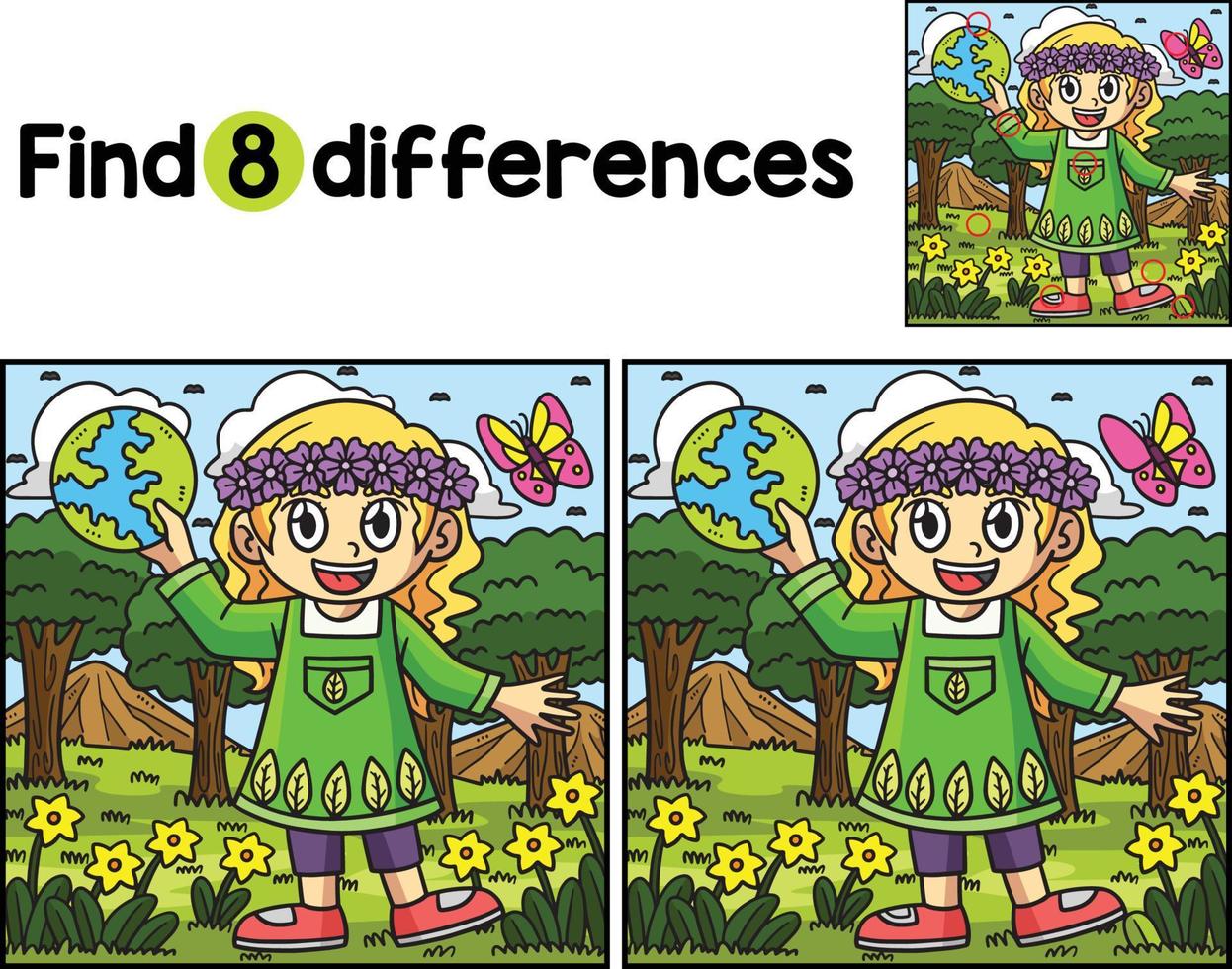 Earth Day Girl In Forest Find The Differences vector