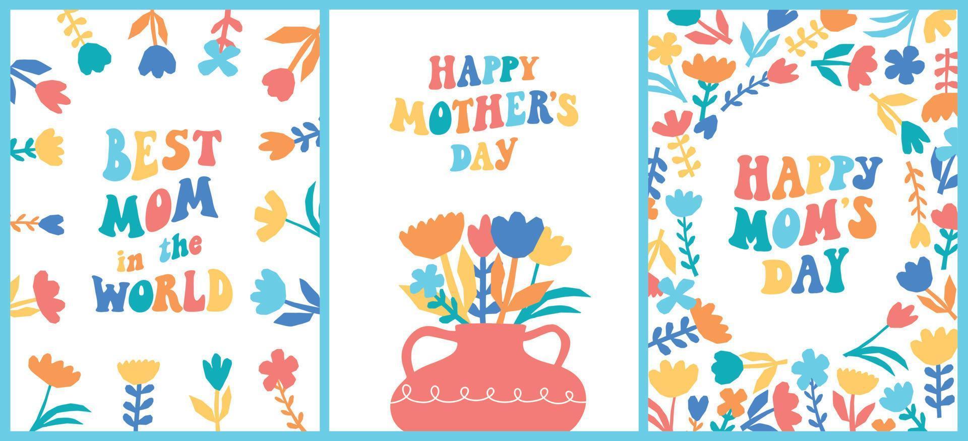 set of mother's day greeting cards, posters, prints, signs, banners, invitations and templates decorated with lettering groovy quotes and abstract florals. EPS 10 vector