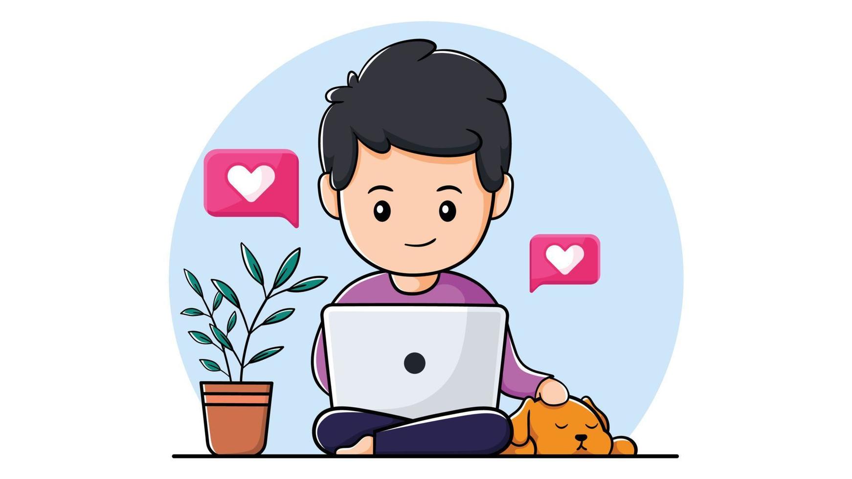 Cute boy using laptop with pet dog. concept of viewing social media and watching video. vector illustration