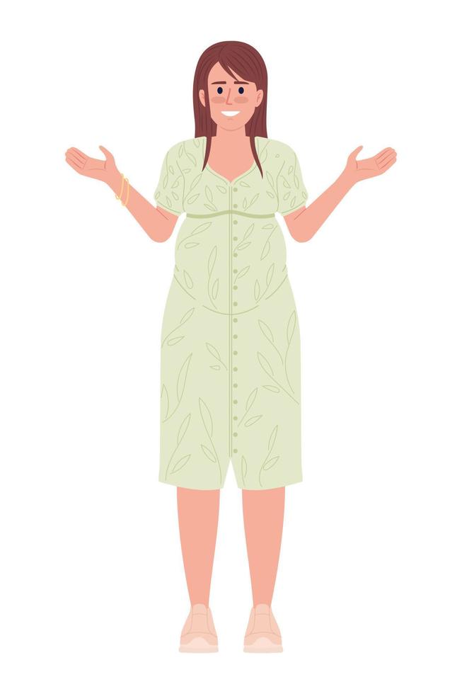 Smiling woman with pregnant belly in spring dress semi flat color vector character. Editable full body person on white. Simple cartoon style spot illustration for web graphic design and animation