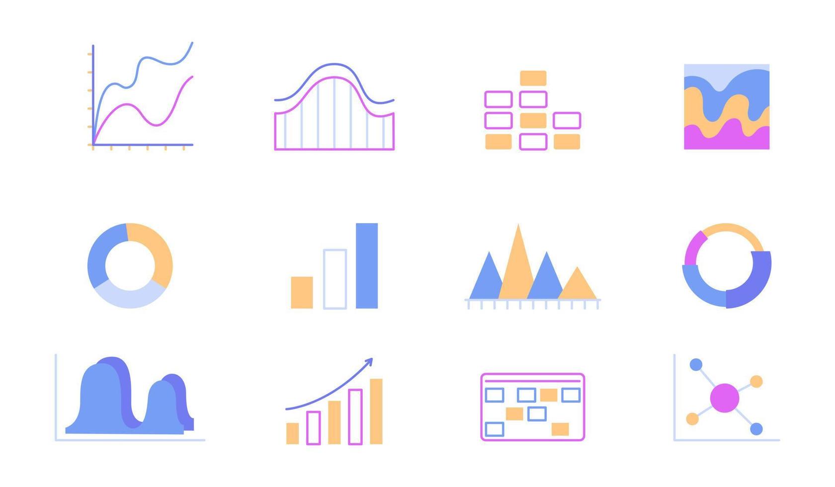 Diagrams, charts and graphs semi flat color vector icons bundle. Editable images. Full sized elements on white. Simple cartoon style spot illustrations pack for web graphic design and animation