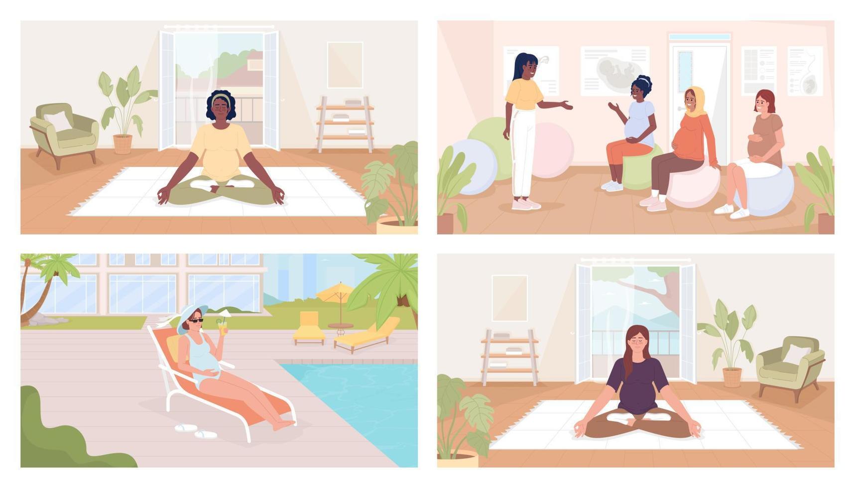 Relaxing activities during pregnancy flat color vector illustrations pack. Yoga and fitness. Hero images. Fully editable 2D simple cartoon characters collection with comfortable places on background