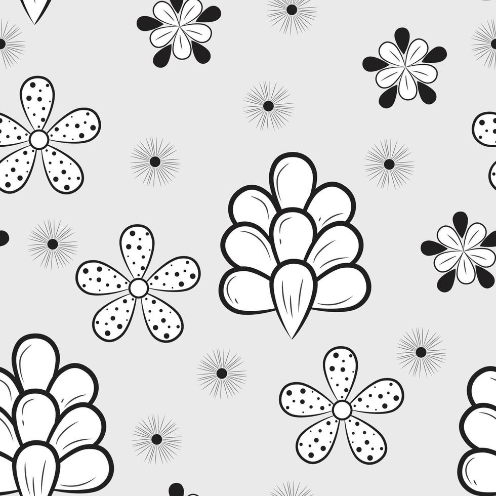 A white background with black and white flowers and a black dot on the bottom vector