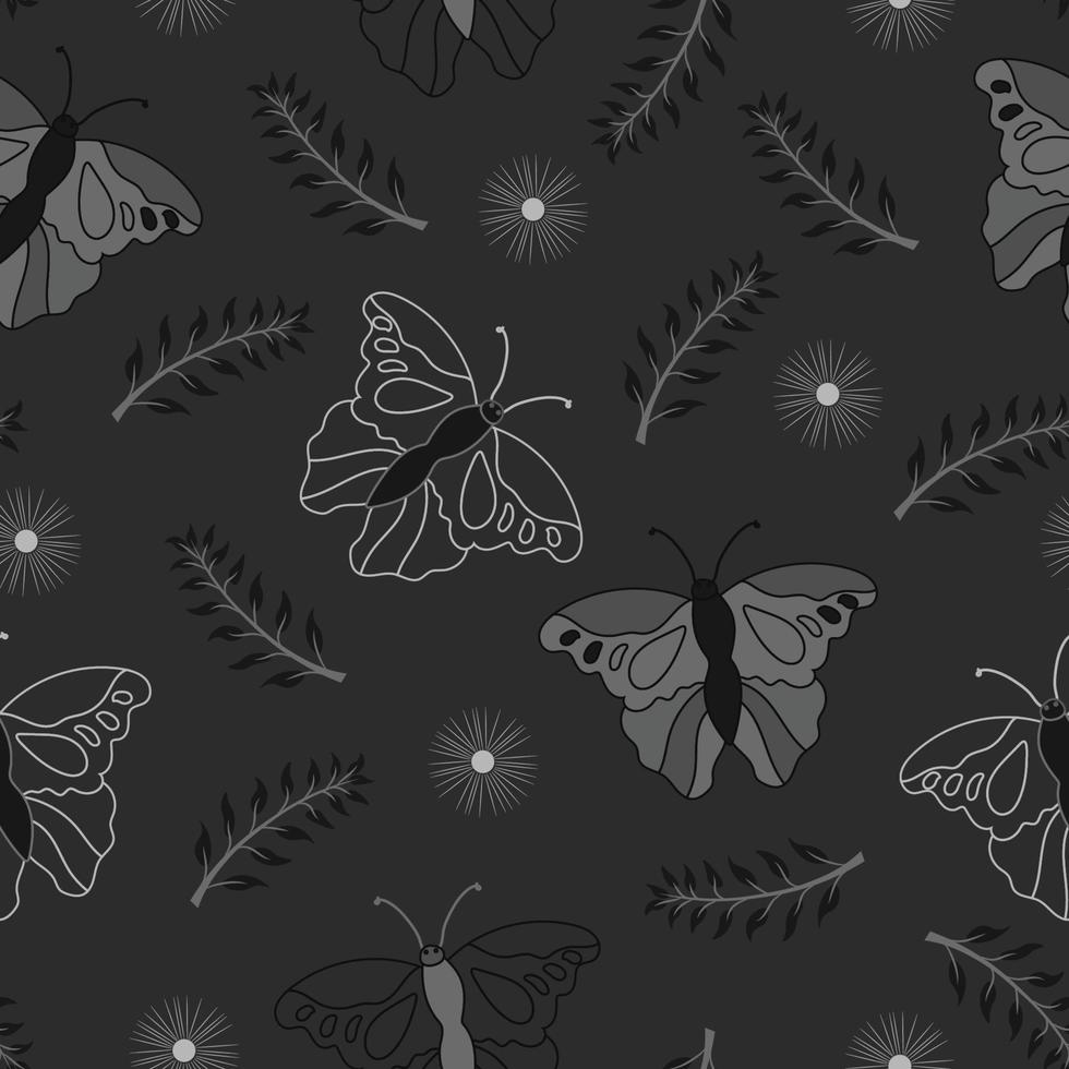 A black and white pattern of butterflies with flower and leaf in the middle vector