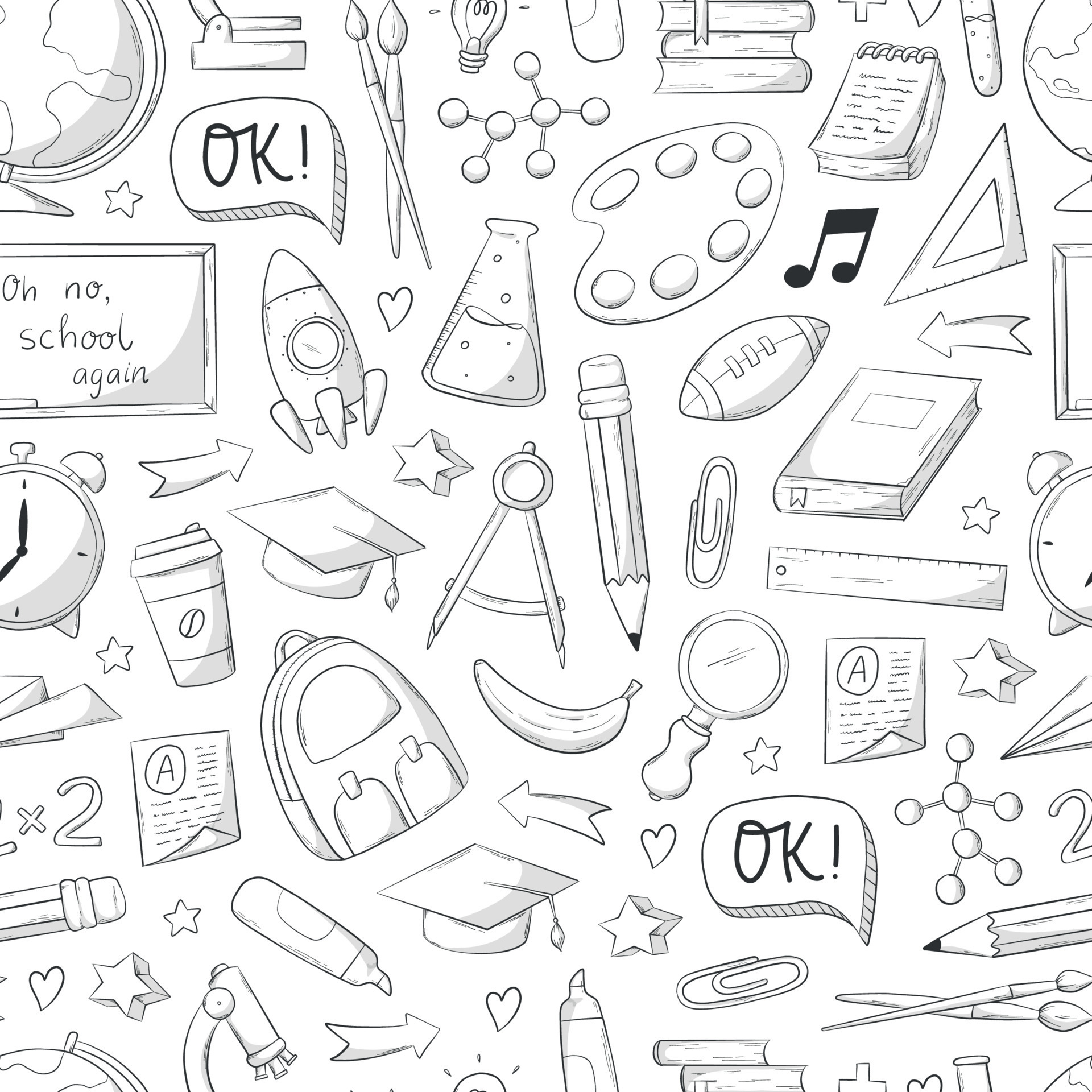 school seamless pattern with doodles, hand drawn clip art, cartoon