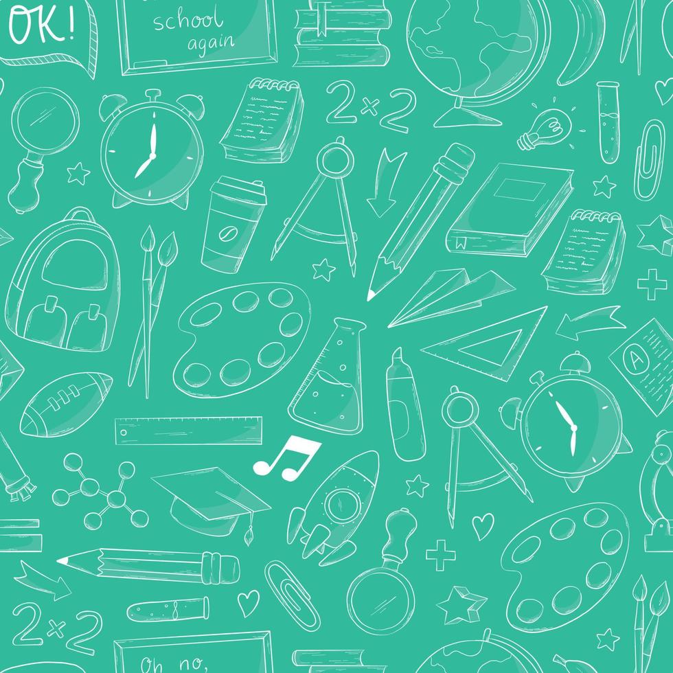 school seamless pattern with doodles on green blackboard background. wallpaper, stationary, scrapbooking, wrapping paper, etc. EPS 10 vector