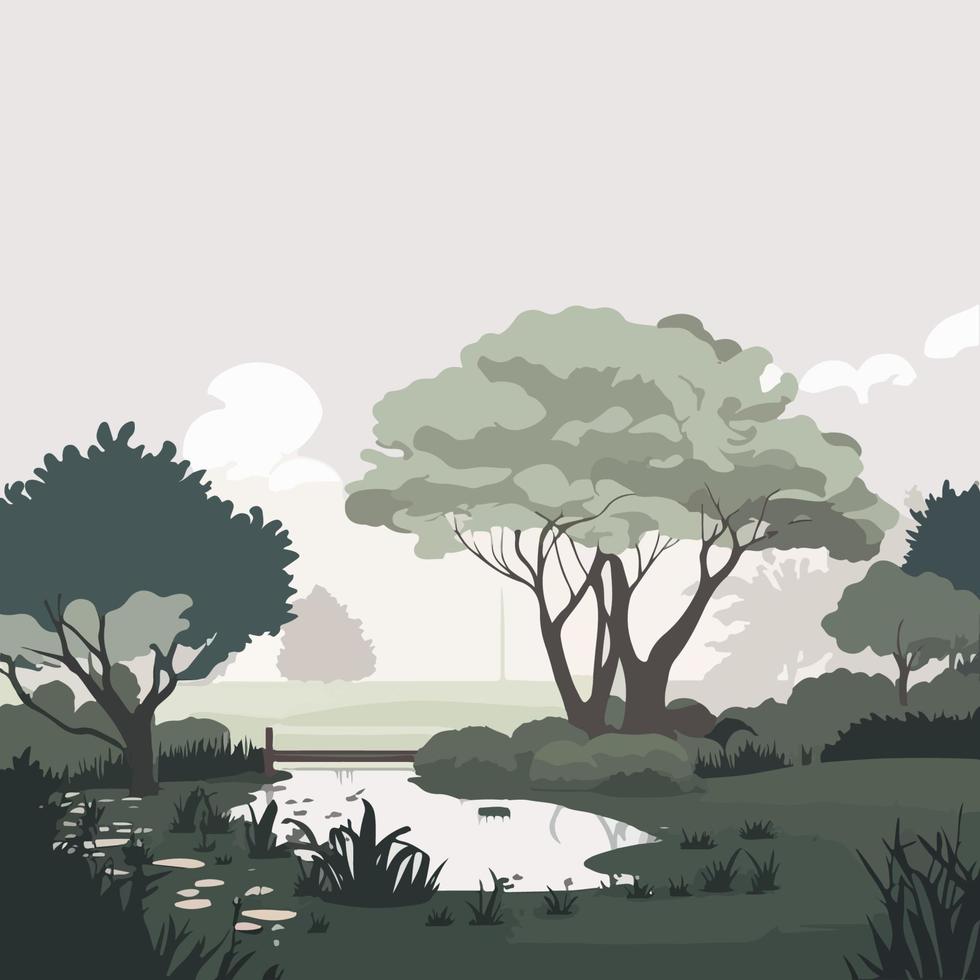 arboles por el agua. hermosa césped con un lago. vector