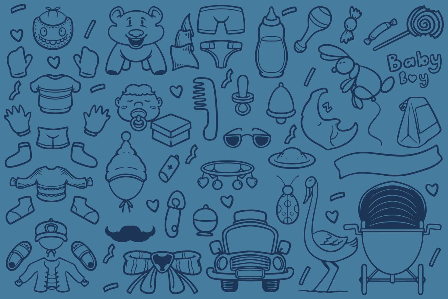 Set of doodle new baby born drawing isolated on blue background. vector
