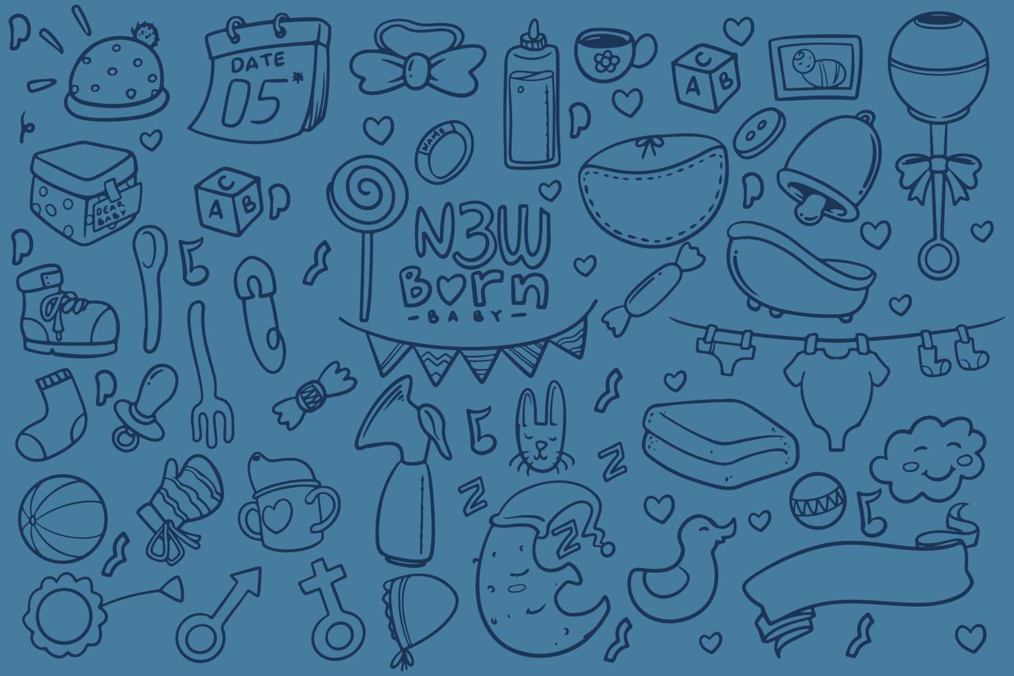 Set of doodle new baby born drawing isolated on blue background. vector