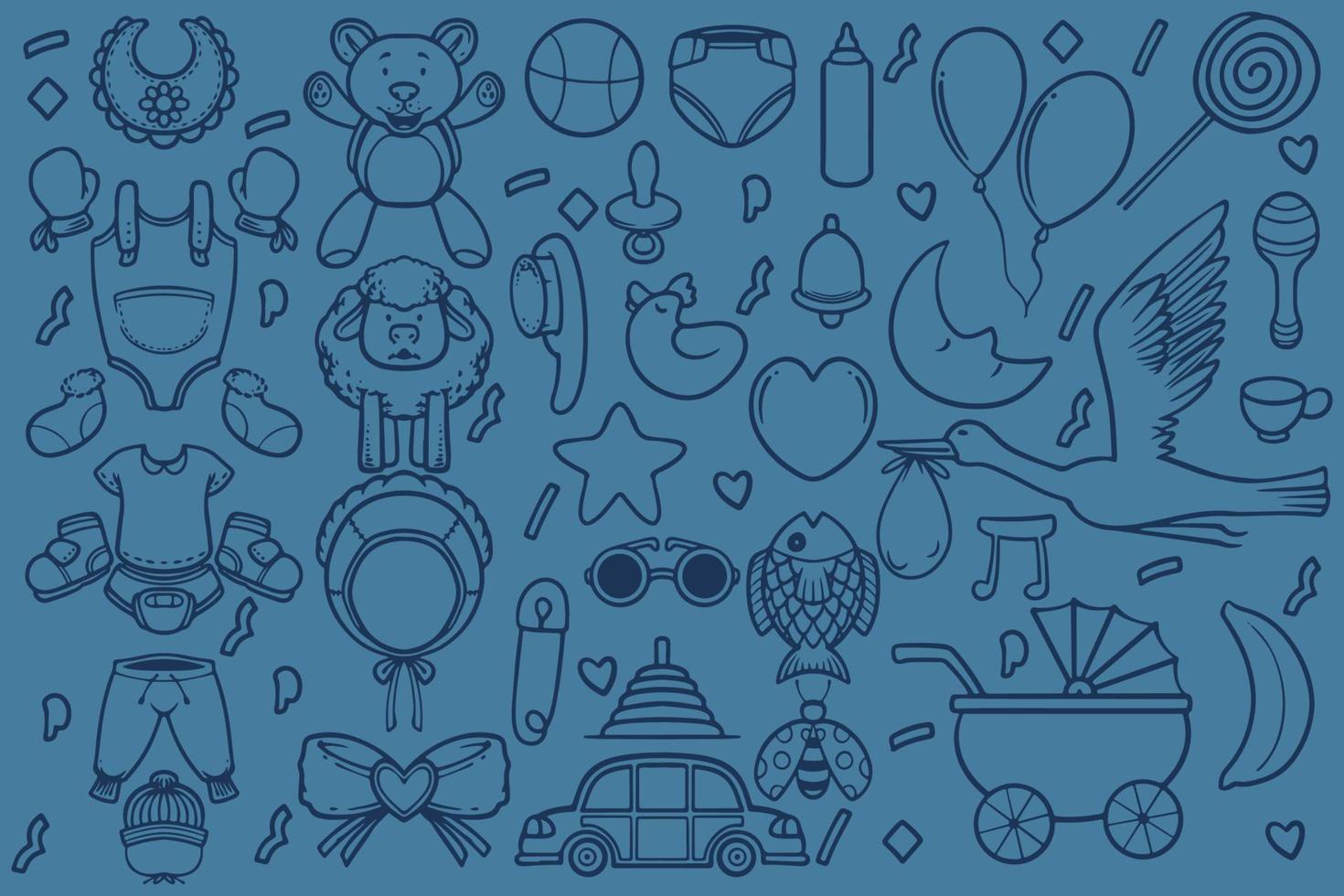 Set of doodle new baby born drawing isolated on blue background. vector