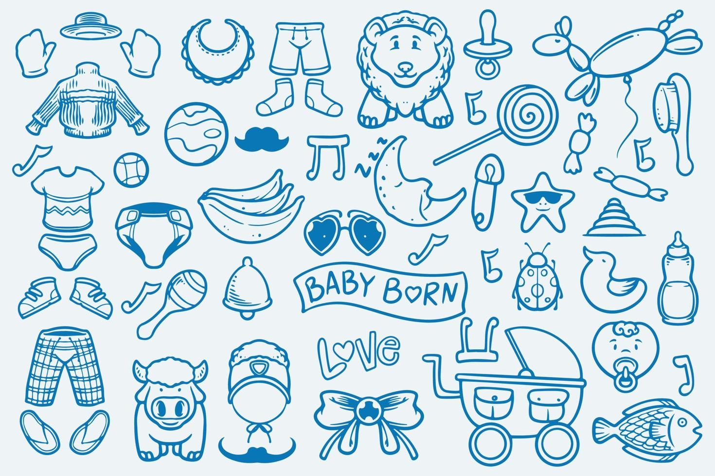 Set of blue doodle element new baby born drawing on white background. vector