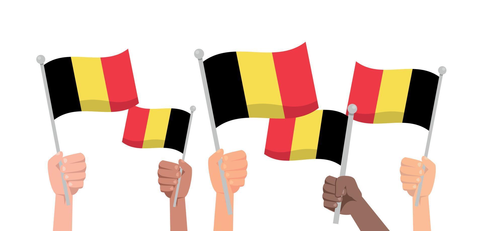 manos con Bélgica bandera aislado. personas sostener Bélgica bandera. vector