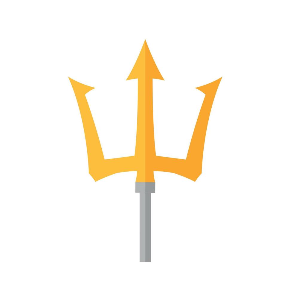 Golden trident logo in flat style. Neptune or Poseidon weapon trident icon isolated vector