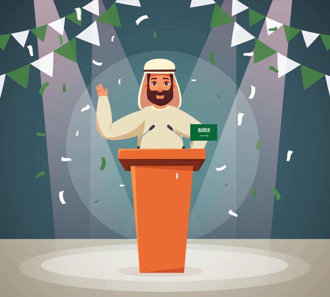 Saudi Arabic Podium Politician Celebrate Election. Saudi politician candidate speaks to people vector