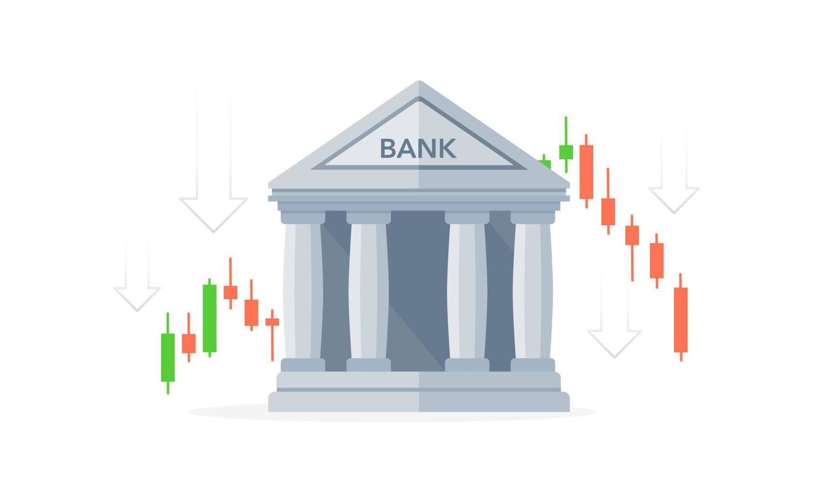 Bank building with the candlestick. Decreased value, Bank Run, Stock market. Vector illustration.