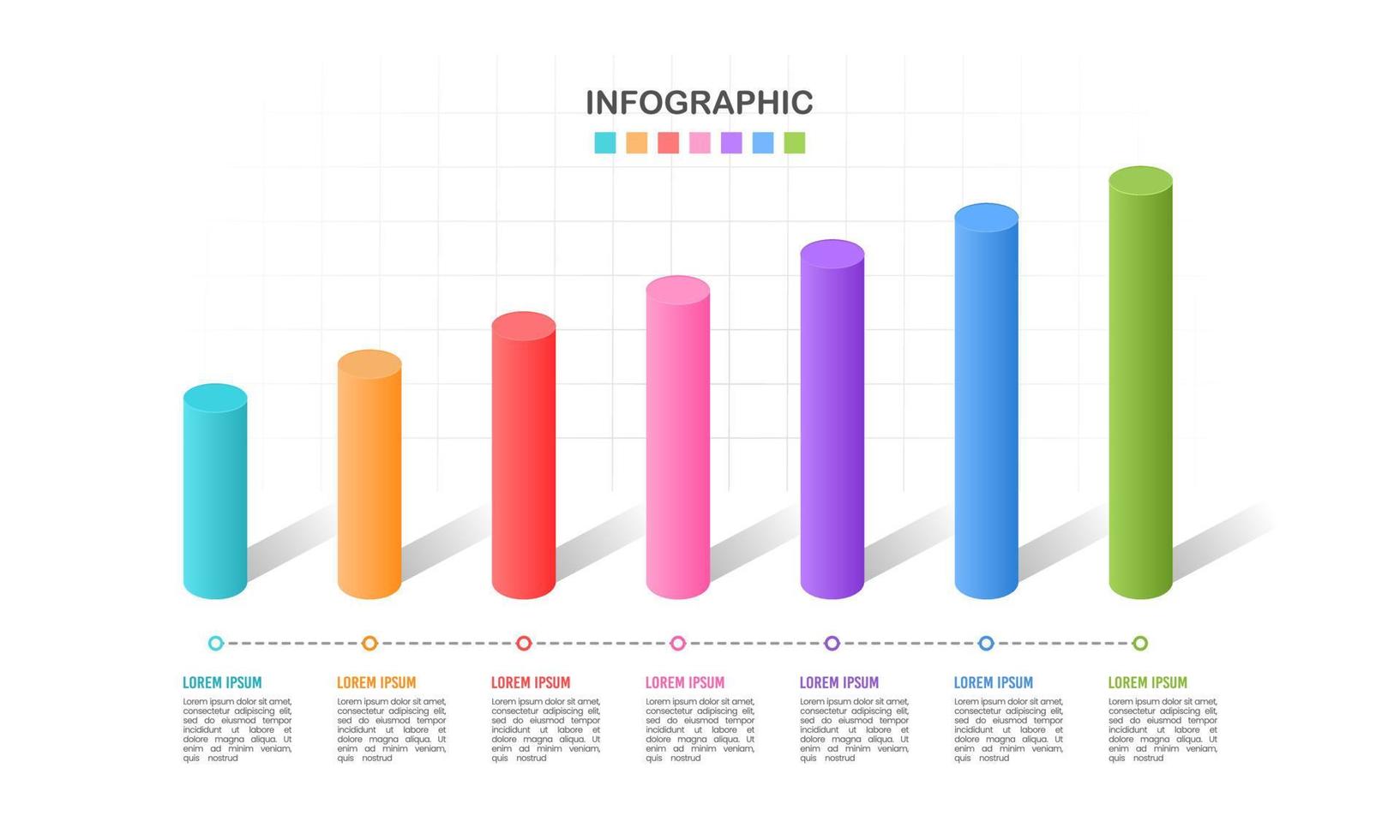 7 Bars chart 3D graph timeline business statistics. The report, Presentation, Data, Milestone, and Infographic. Vector illustration.