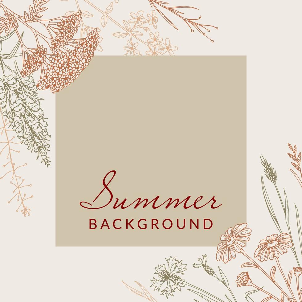Meadow flowers social media square post template. Hand drawn field wildflowers border. Vector illustration in sketch style. Aesthetic botany design