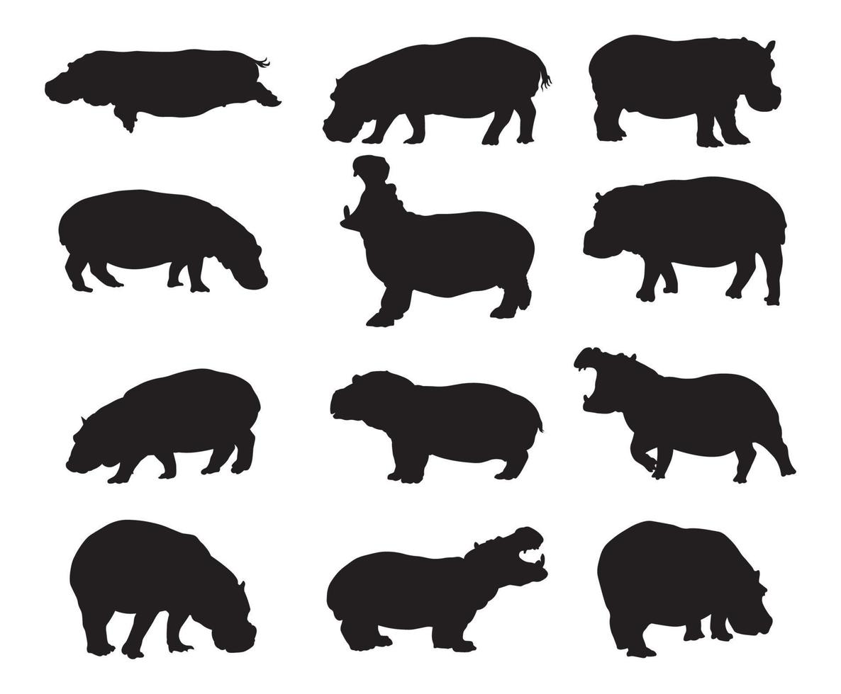 Hippopotamus silhouette vector illustration set.