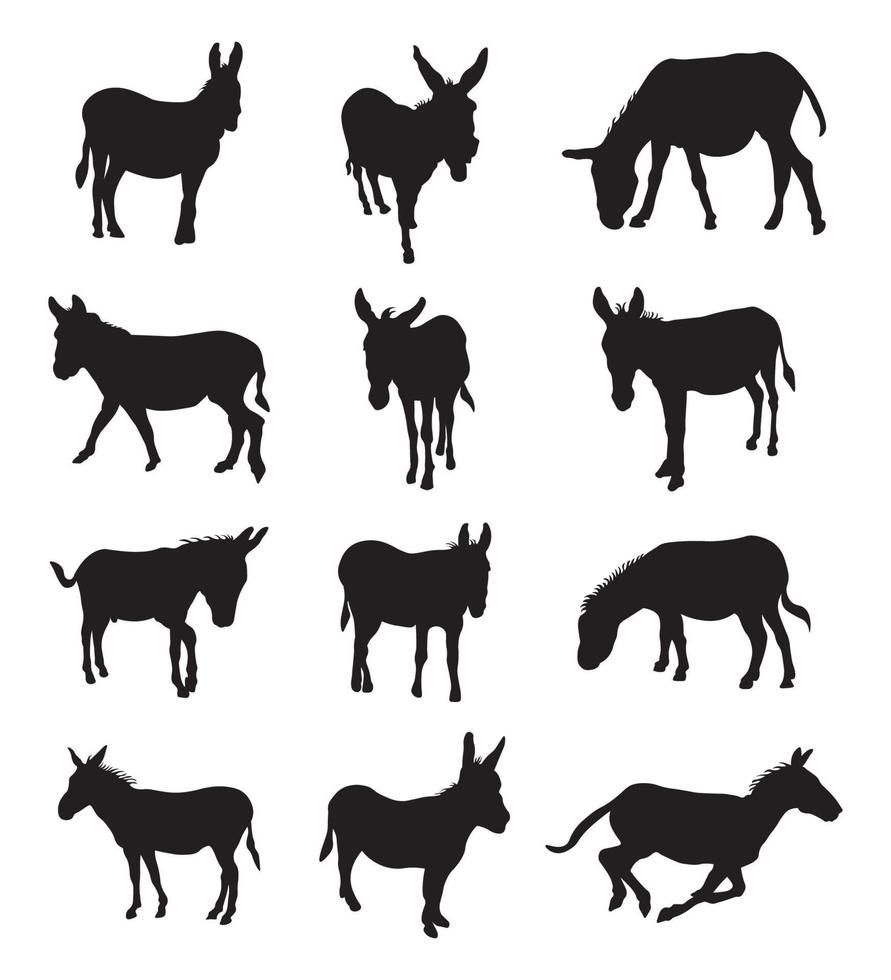 Donkey silhouette vector illustration set.