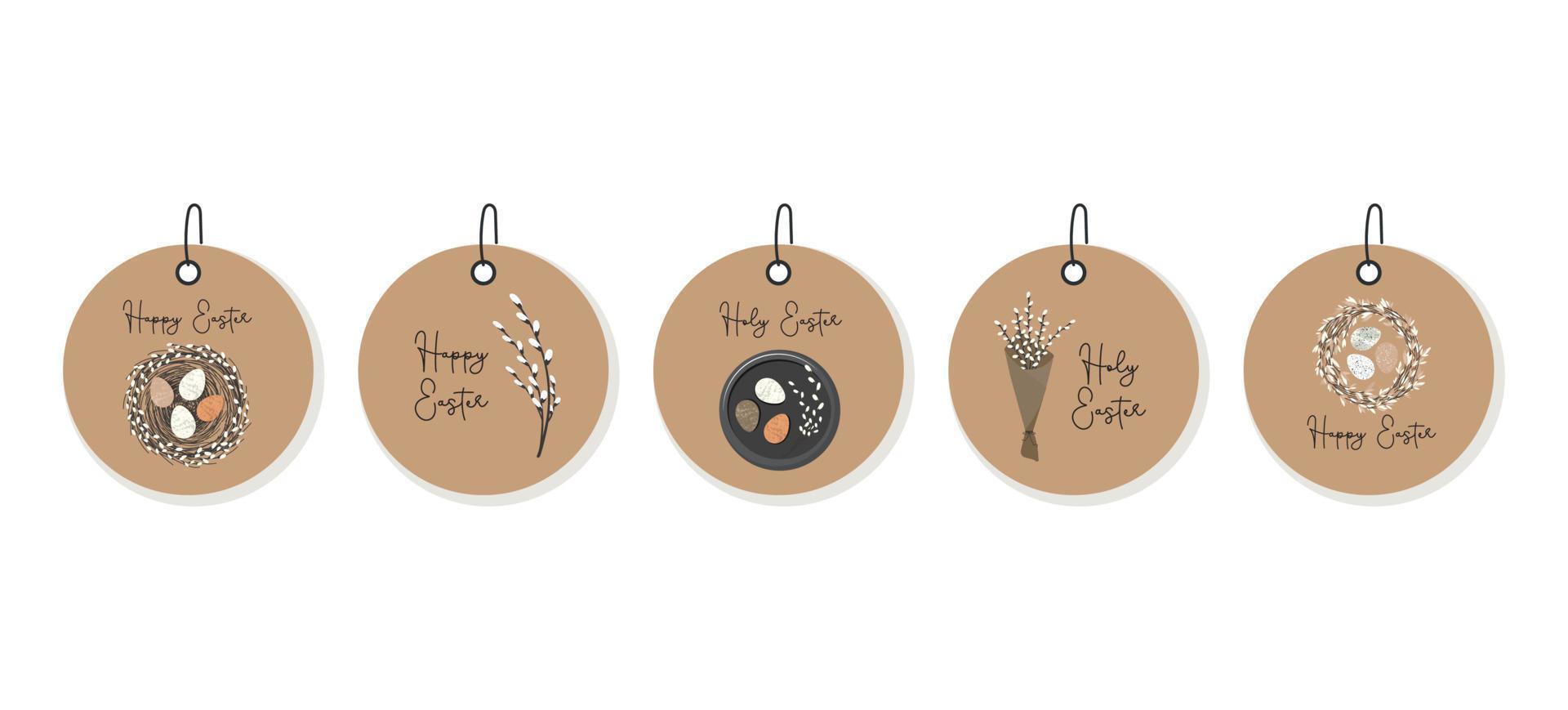 Stickers, tags on craft paper for Easter gifts with Easter eggs, wreaths and willow branches. Vector
