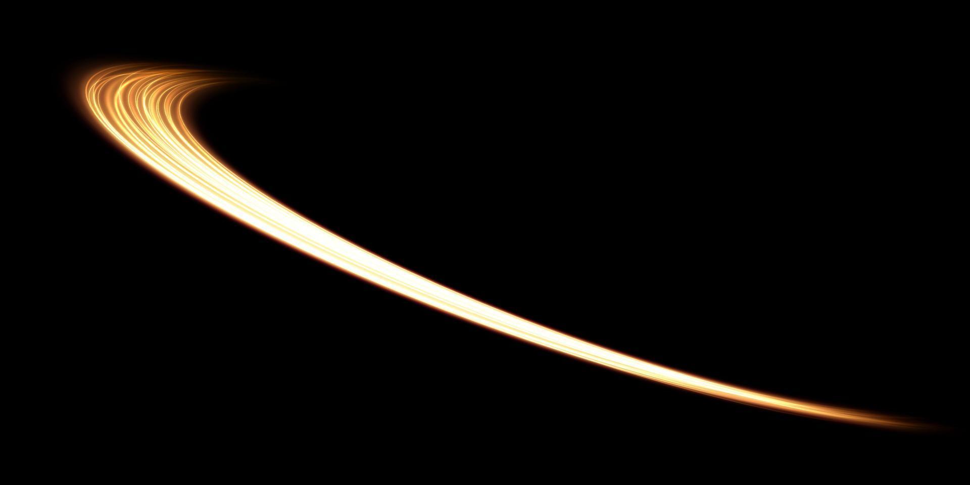 Luminous golden lines of speed. Light glowing effect. Abstract motion lines. Light trail wave, fire path trace line, car lights, optic fiber and incandescence curve twirl vector