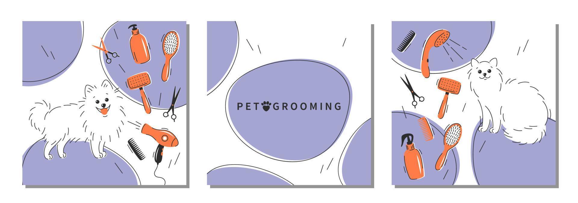 Set of design for pet care salon. Pet grooming. Cartoon dog and cat character with different tools for animal hair grooming. Vector illustration