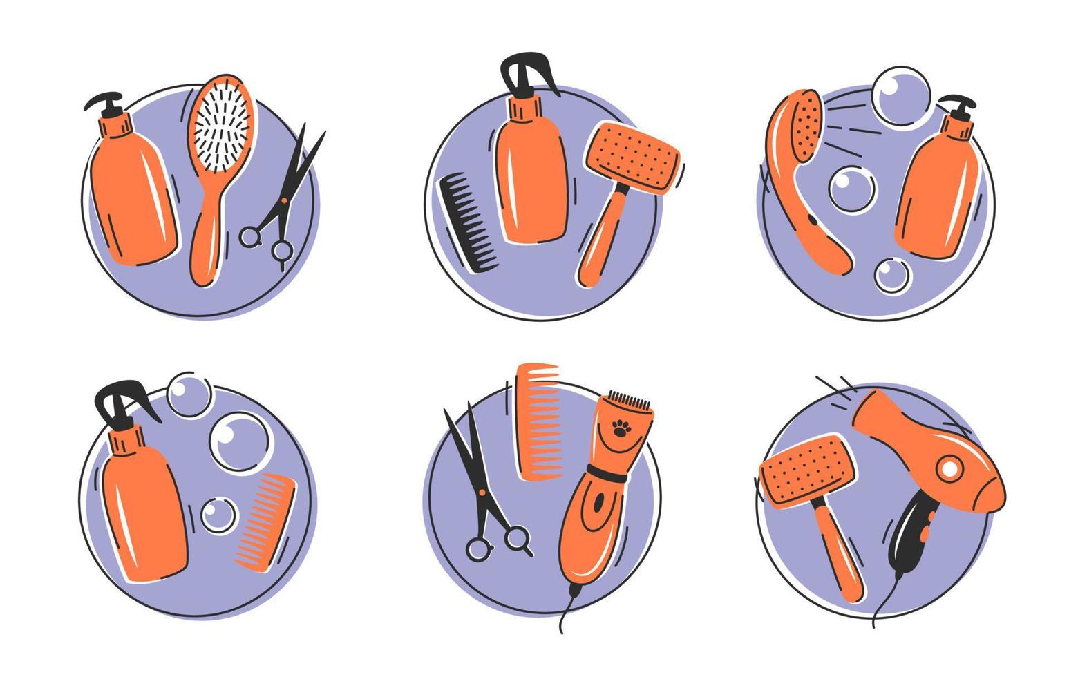 Pet care icons set with different tools for animal hair grooming, haircuts, bathing, hygiene. Pet grooming. Vector illustration.