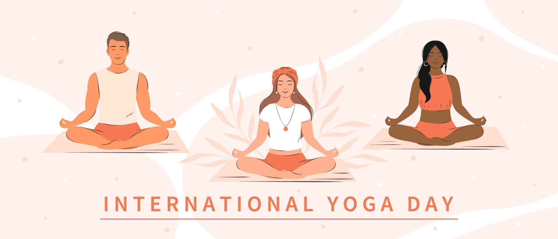 internacional yoga día. varios personas practicando yoga juntos y meditando vector ilustración