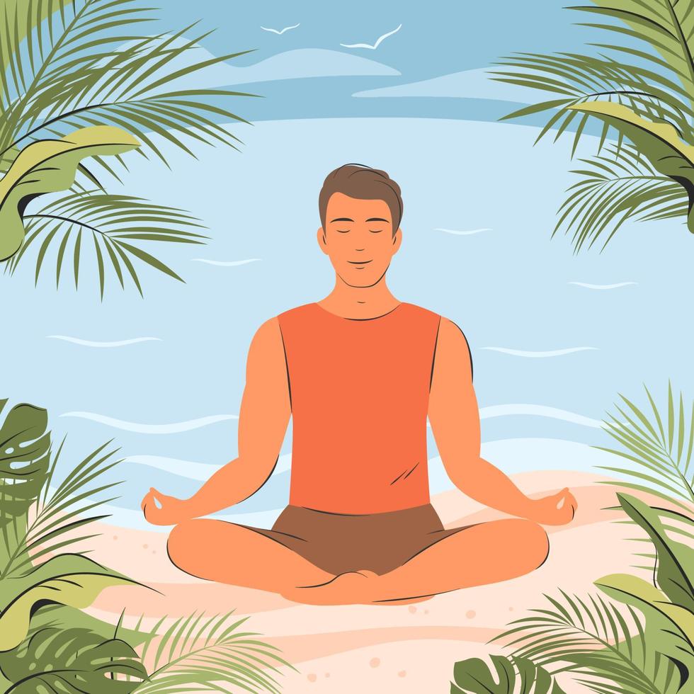 Man in yoga posture doing meditation.Young man practicing yogaOutdoors. Vector illustration.