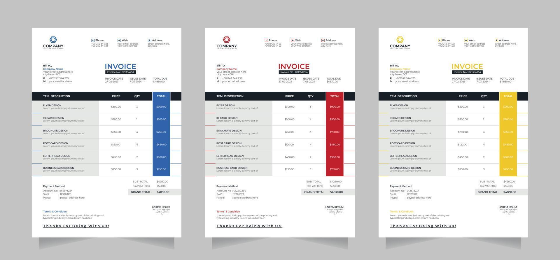 Corporate and professional invoice vector template design.