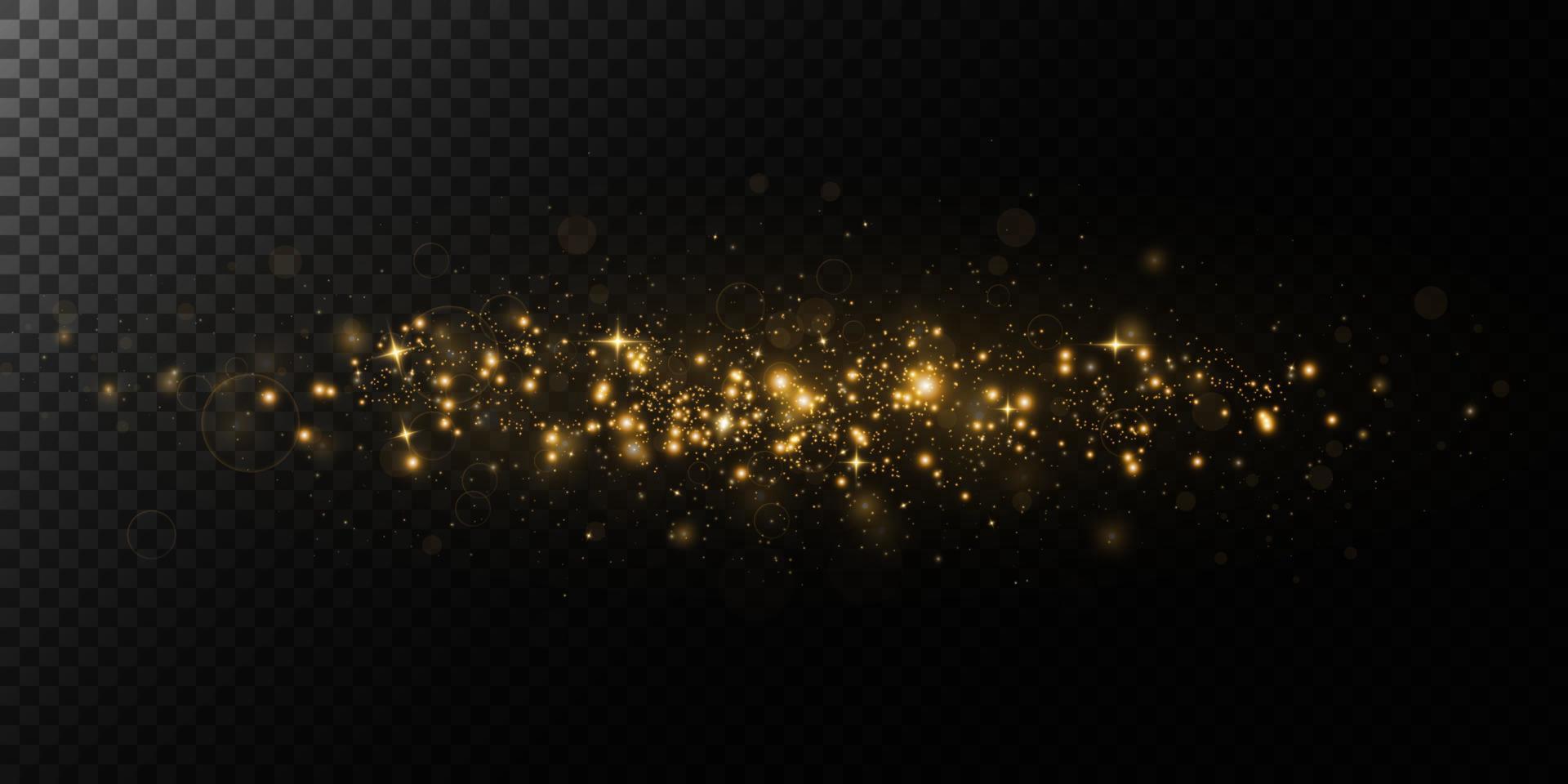 The dust is yellow. Yellow sparks and golden stars shine with special light. Vector sparkles on transparent background. Christmas light effect. Sparkling magical dust particles