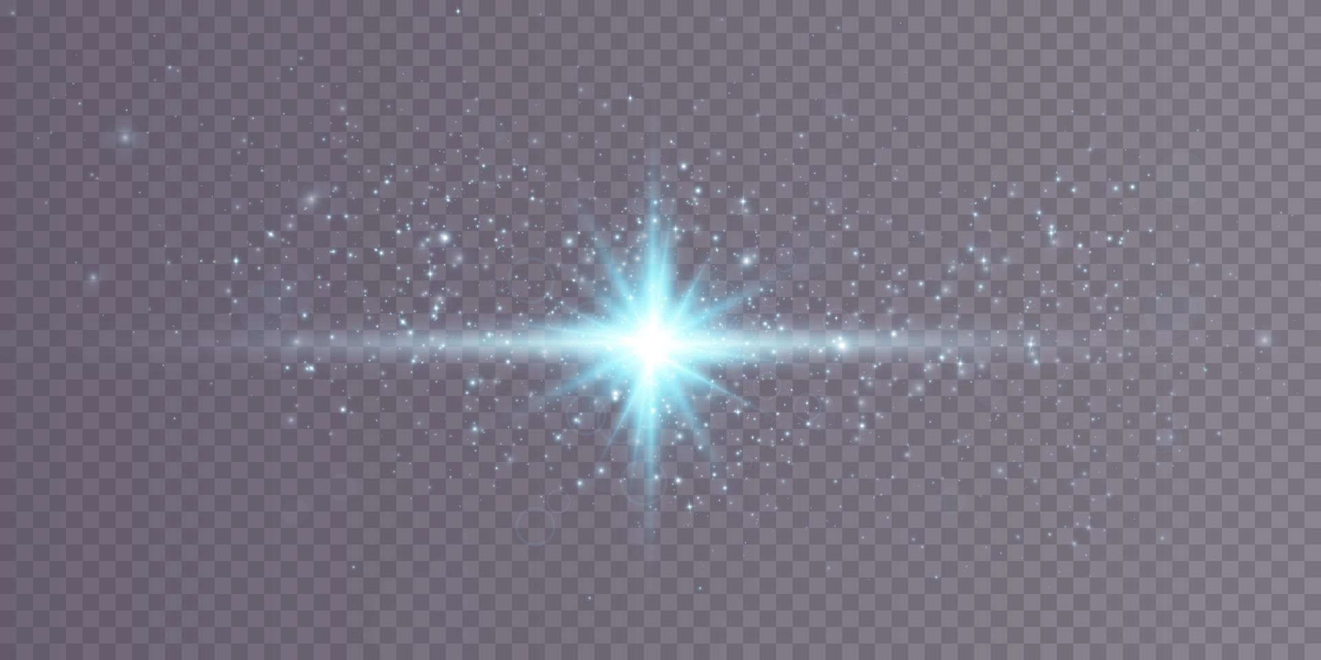 Blue star on a black background. The effect of glow and rays of light, glowing lights, sun. vector