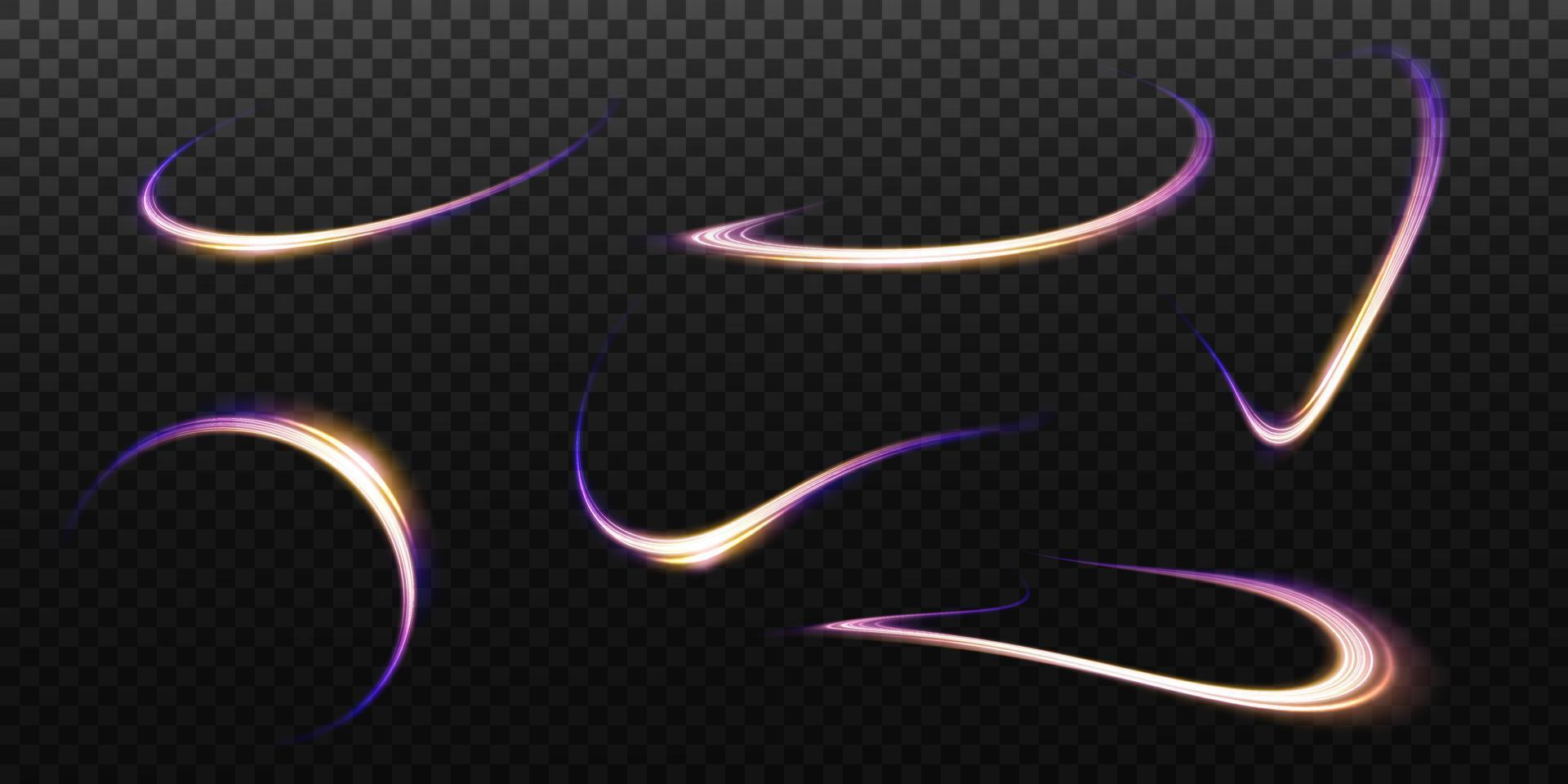 Abstract light lines of movement and speed, blue, gold, purple colors. Light everyday glowing effect. semicircular wave, light trail curve swirl, optical fiber incandescent png. vector