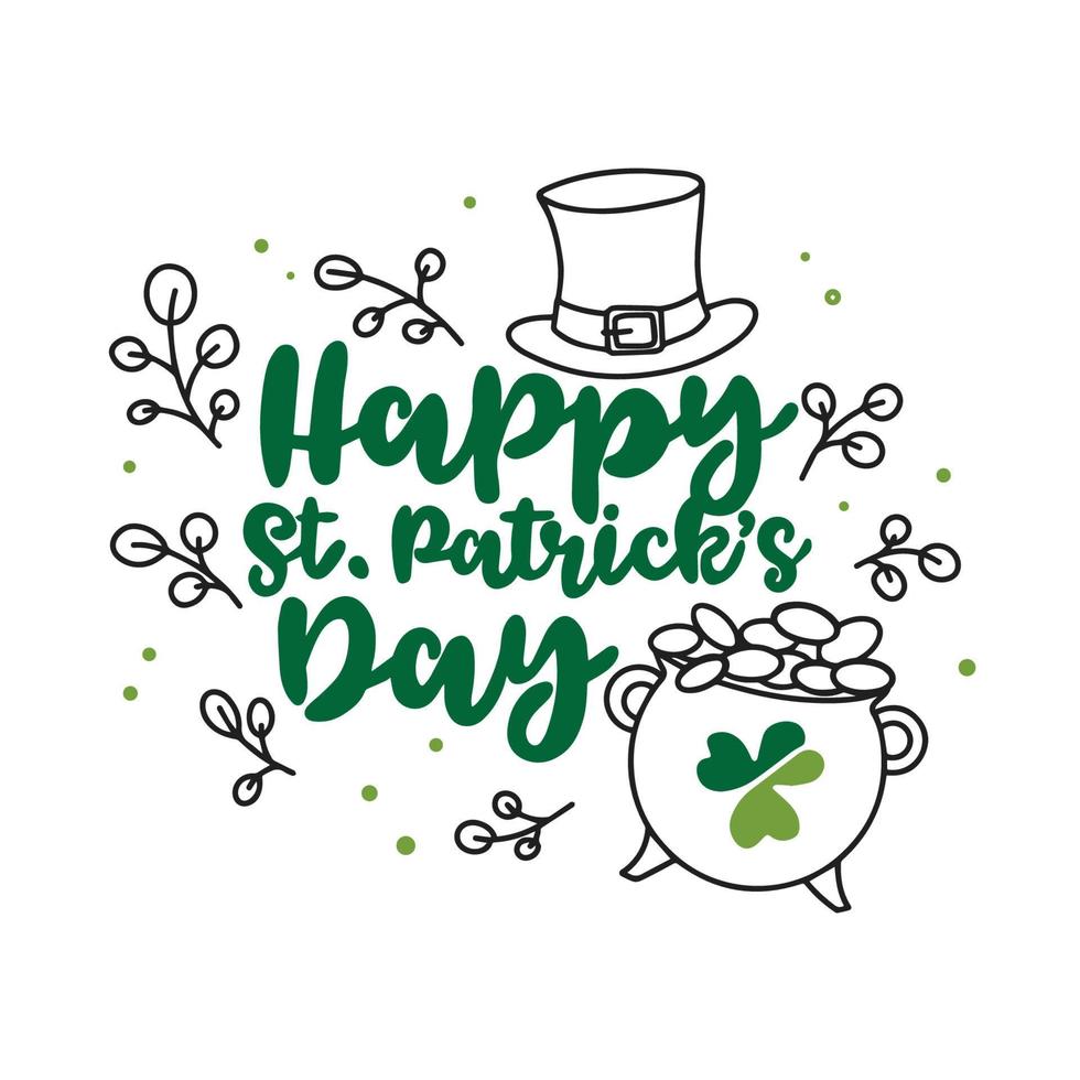 Happy Saint Patricks Day, shamrock, greeting card on white background in doodle vector