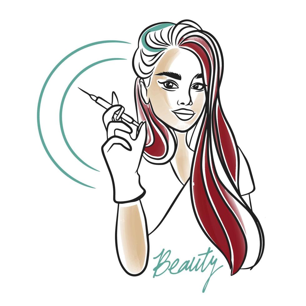 Girl beautician, syringe in hand, beauty, hand lettering, tools for beauty procedures vector