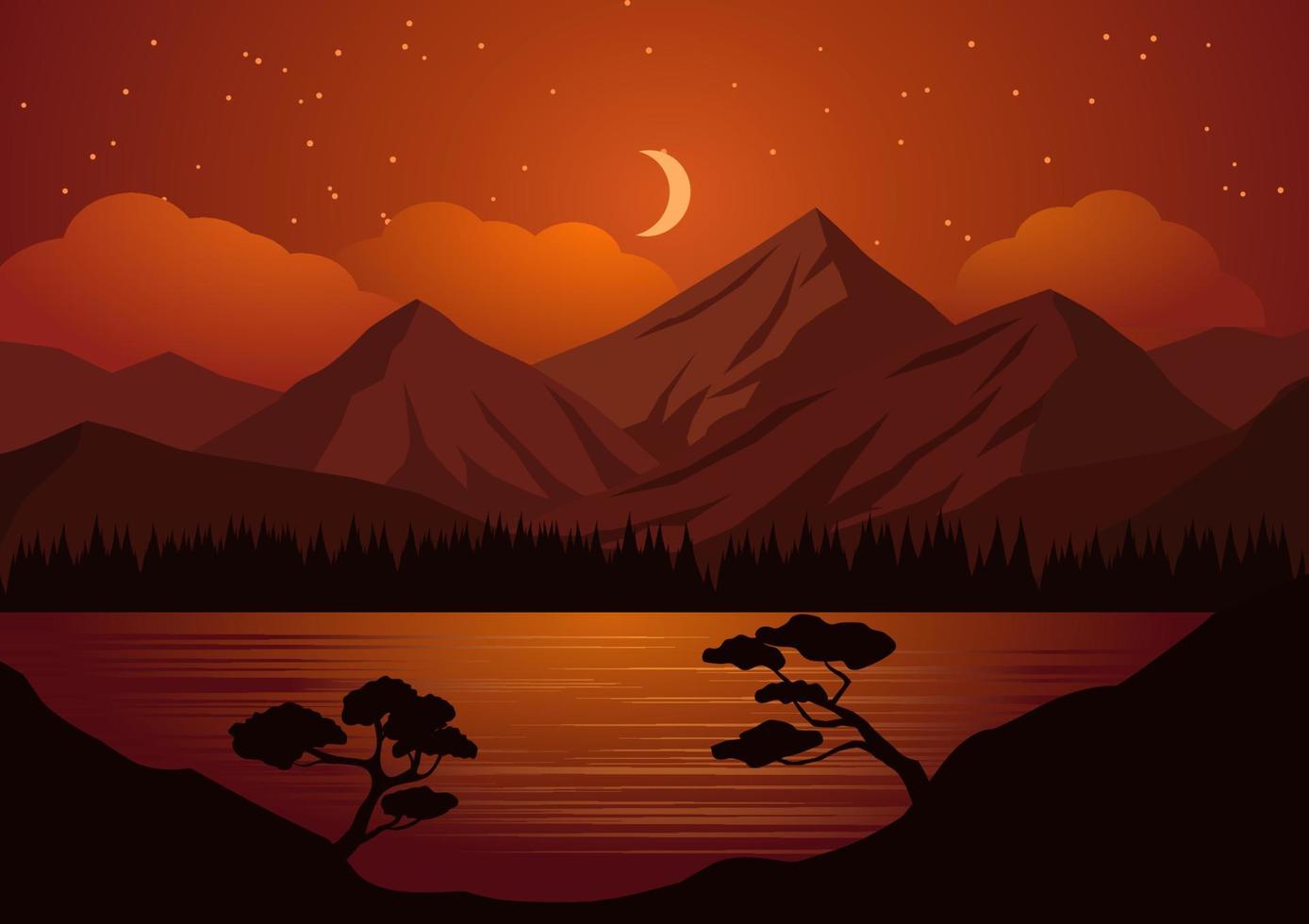 montaña noche paisaje con Luna y estrellas. vector plano diseño paisaje ilustración