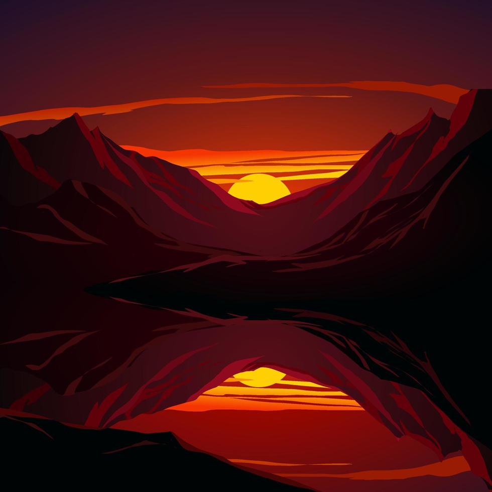 Vector illustration of sunset in mountain with lake and red sky