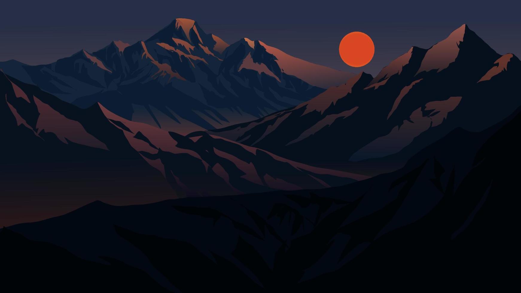 Vector illustration of night landscape over mountain range with full moon