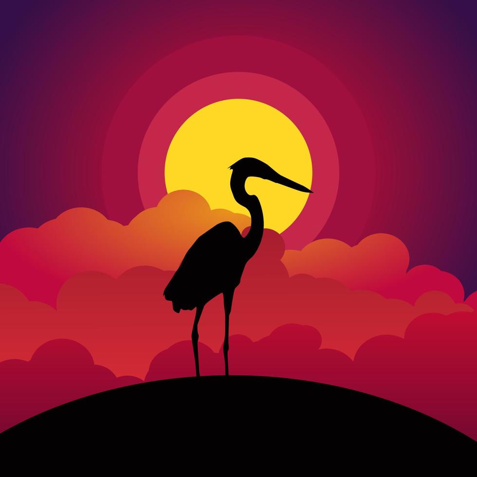 Vector illustration of a bird silhouette with colorful sunset sky