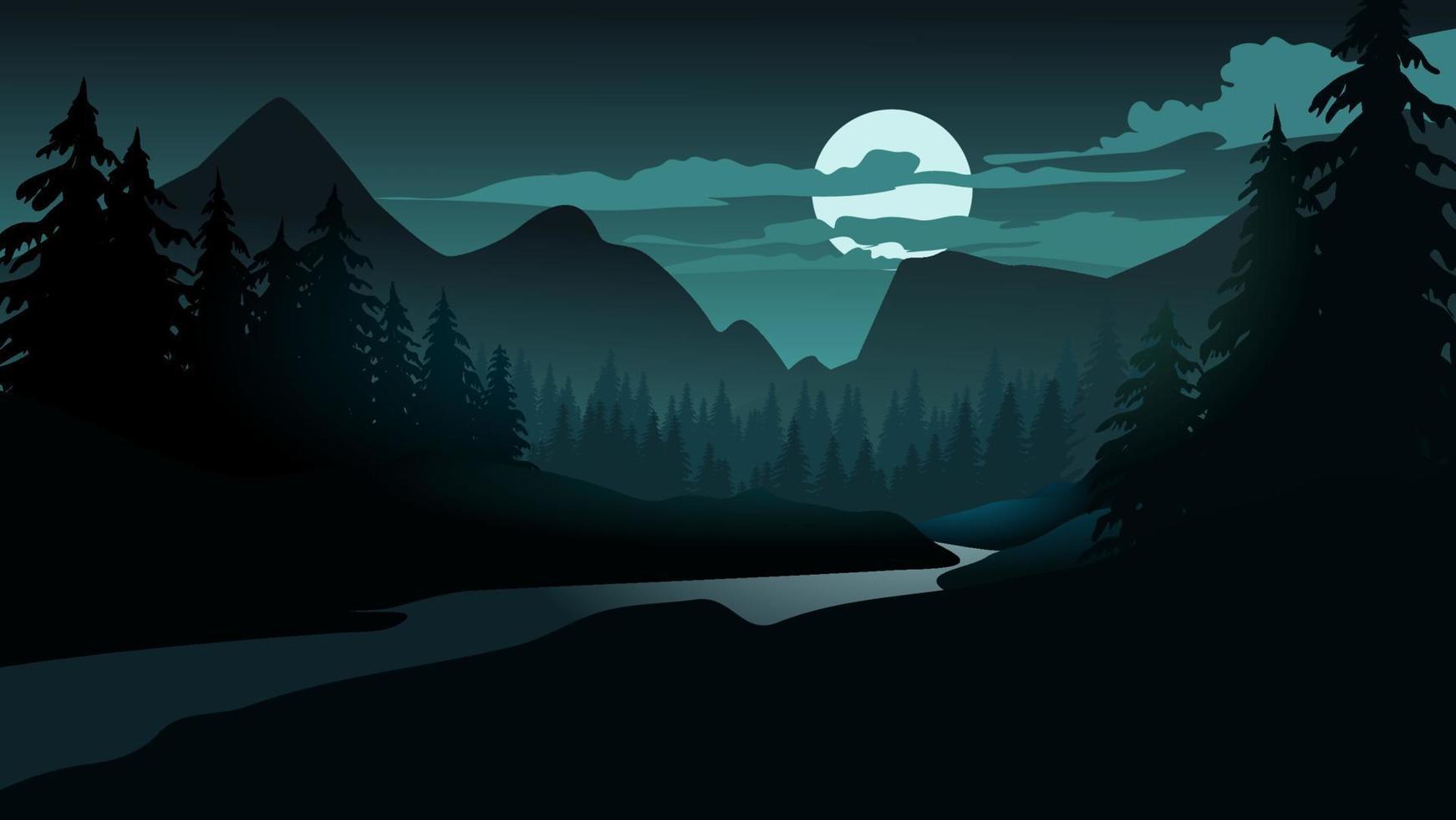 Vector illustration of beautiful night forest landscape with full moon, river and mountain