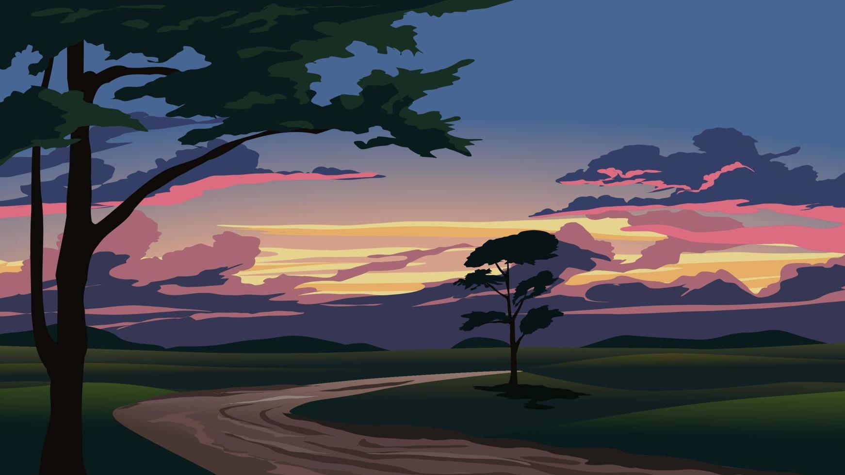 Vector rural sunset landscape illustration with road and trees