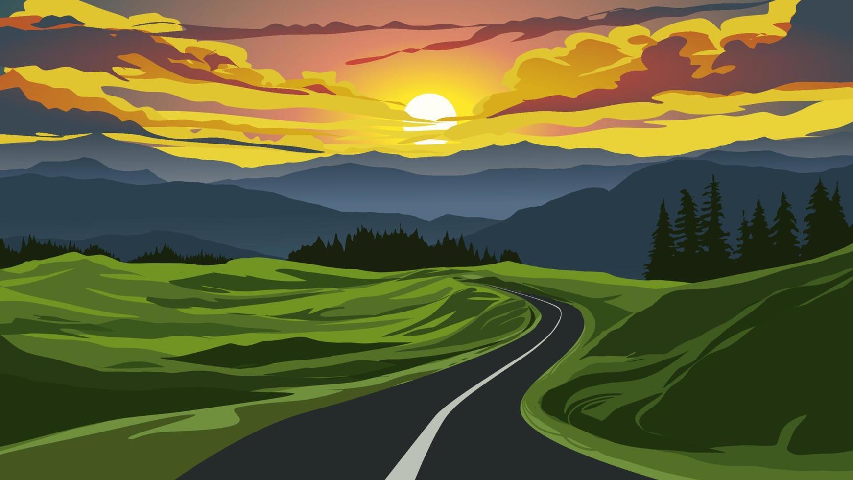 vector ilustración de puesta de sol con vacío devanado la carretera hacia montañas