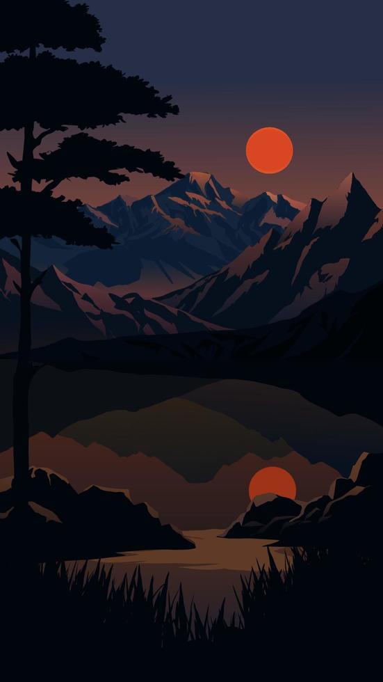 Vector illustration of sunset landscape over mountain range with lake full moon